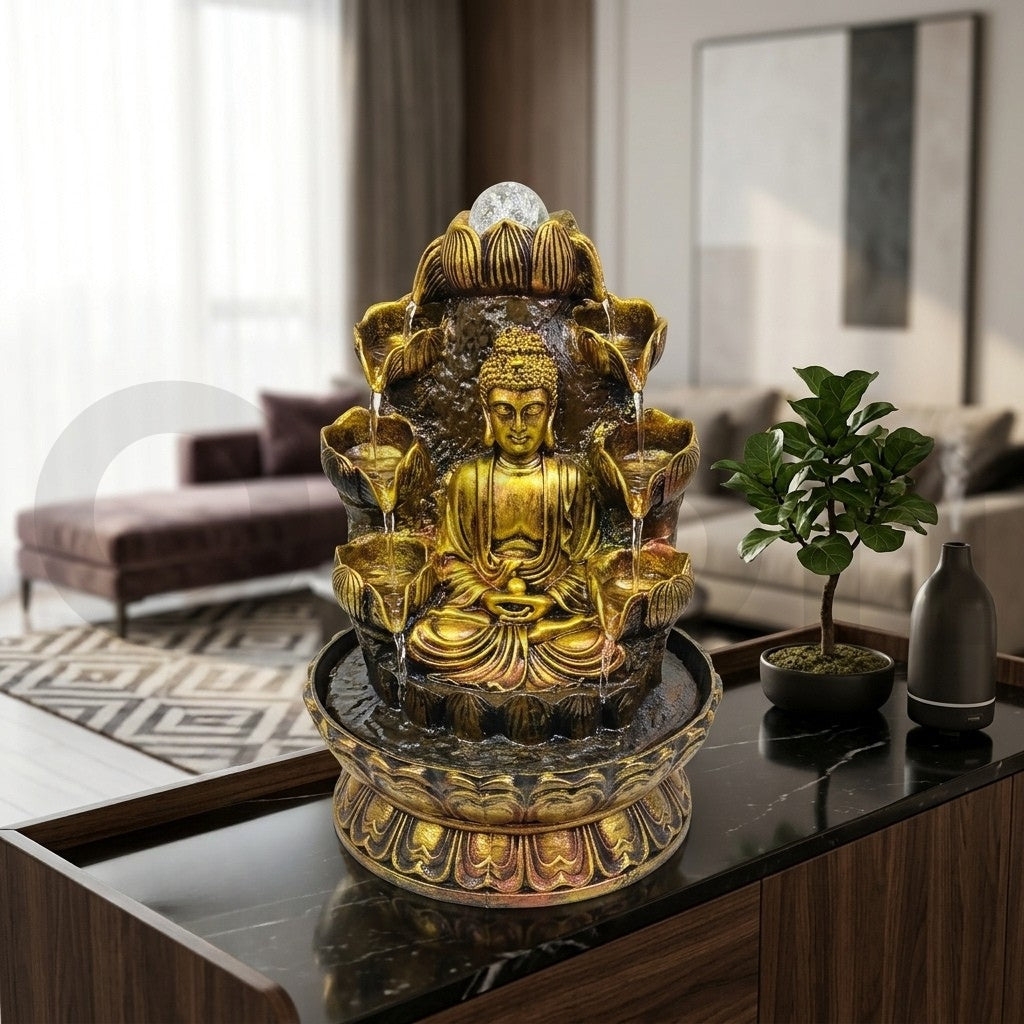 Buddha Water Fountain for Home Decor with Crystal Ball LED Light -M2