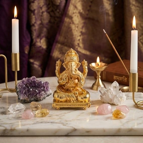 Brass Lord Ganesha Idol for Home Temple, Pooja Room & Car Dashboard – 1 Inch