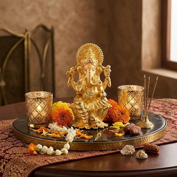 Brass Lord Ganesha Idol for Home Temple, Office Desk & Car Dashboard – 1 Inch